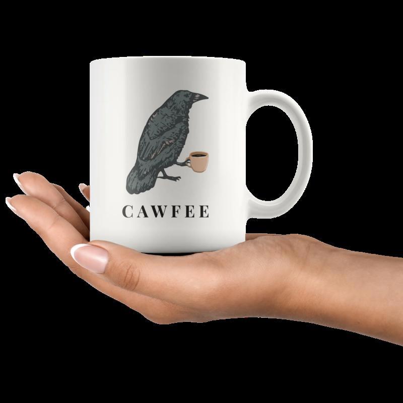 Tailorly White Ceramic 11 oz Mug - Cawfee Detailed Dark Bird Holding Small Steaming Cup Of Morning Crow