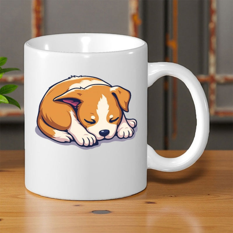Tailorly White Ceramic 11 oz Mug - Adorable Small Brown And White Animal Sleeping Peacefully While Curled Up Puppy