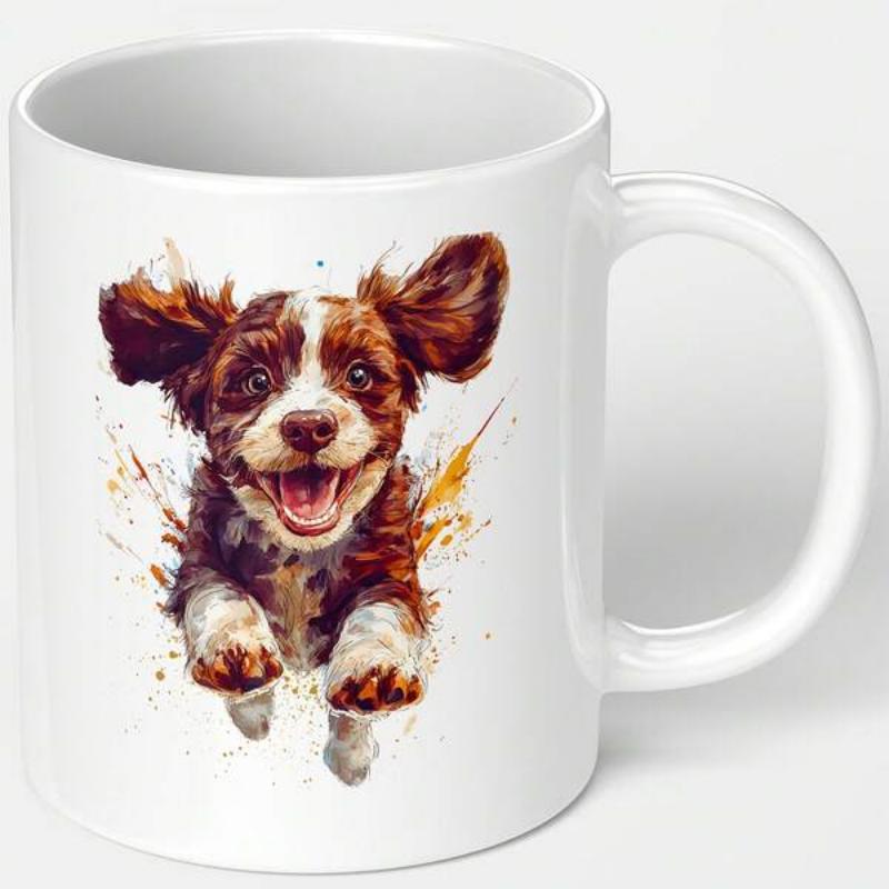 Tailorly White Ceramic 11 oz Mug - Joyful Little Puppy Jumping Amidst Vibrant Artistic Watercolor Paint Splashes Puppy
