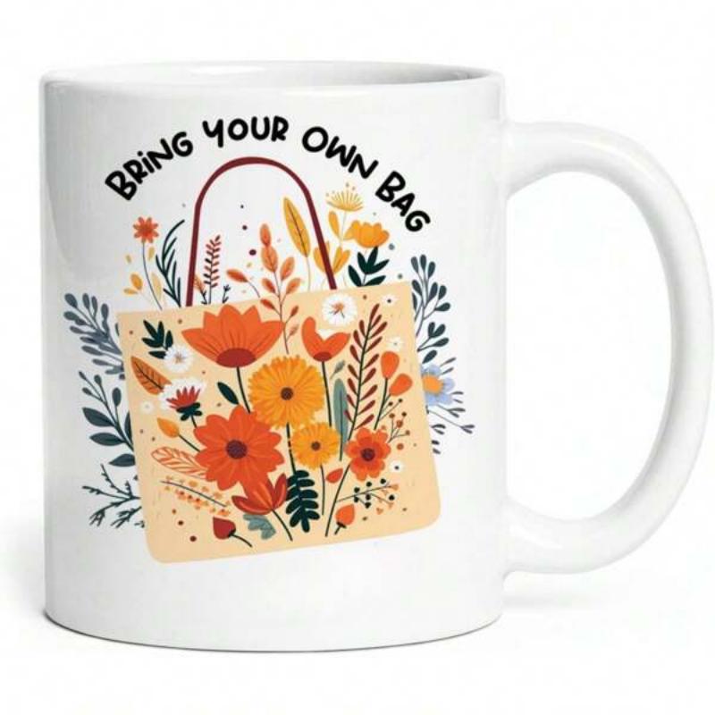 Tailorly White Ceramic 11 oz Mug - Bring Your Own Bag Vibrant Autumn Flowers Blooming Inside A Sustainable Cloth Reusable Shopping Bag