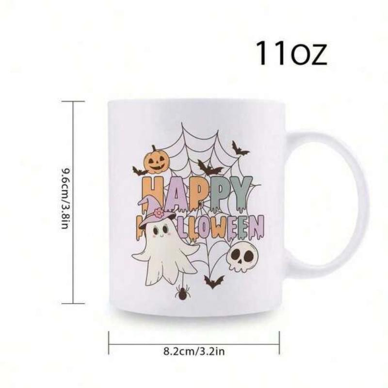 Tailorly White Ceramic 11 oz Mug - Happy Halloween Cute Ghost Wearing Purple Witch Hat Among Pumpkin And Spider Webs Halloween