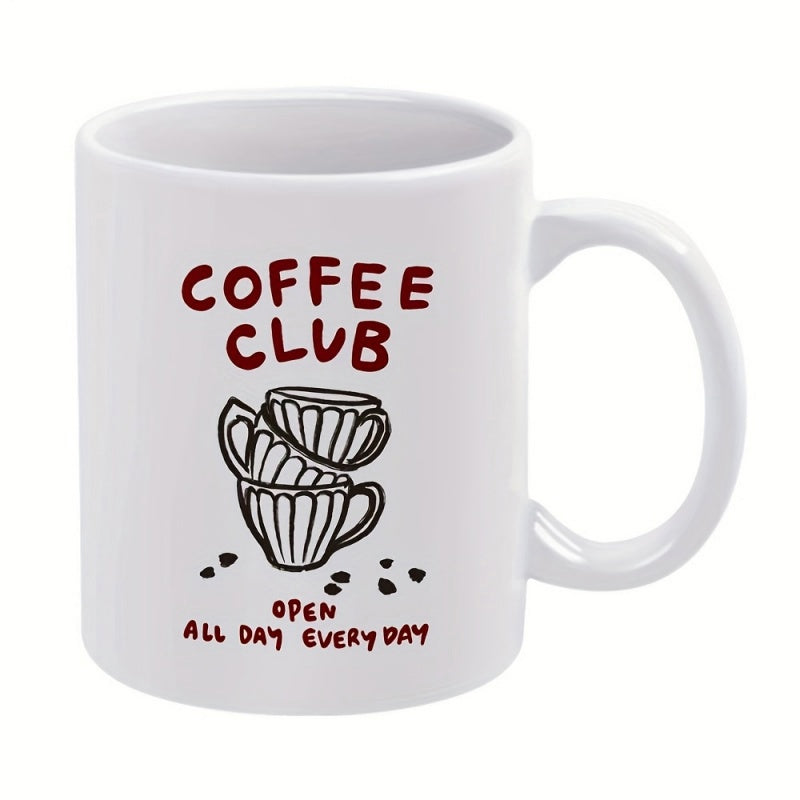 Tailorly White Ceramic 11 oz Mug - Coffee Club Open All Day Every Day Artistic Hand Drawn Stacked Porcelain Vessels Among Scattered Tiny Black Beans Cups