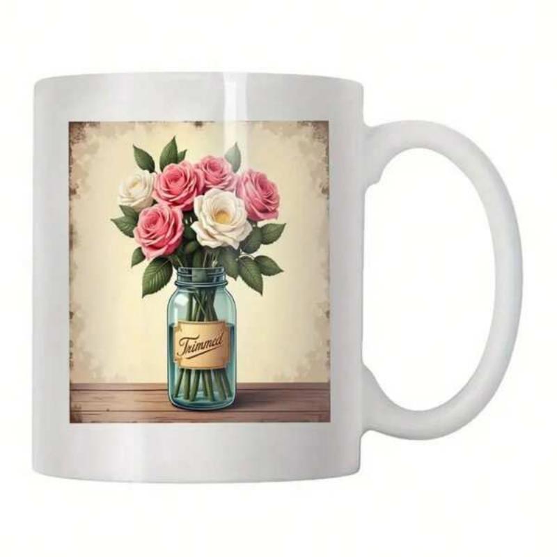 Tailorly White Ceramic 11 oz Mug - Beautiful Pink And White Roses In Blue Mason Jar On Wood Table Flower