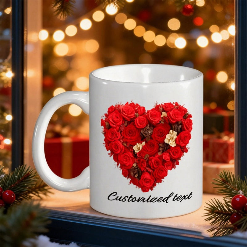 Tailorly White Ceramic 11 oz Mug - Customized Text Beautiful Red Roses Artistically Arranged In A Romantic Blooming Shape Heart