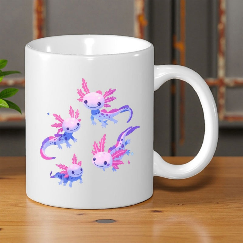 Tailorly White Ceramic 11 oz Mug - Adorable Pastel Cartoon Pink And Blue Aquatic Creatures Playing Together Axolotl