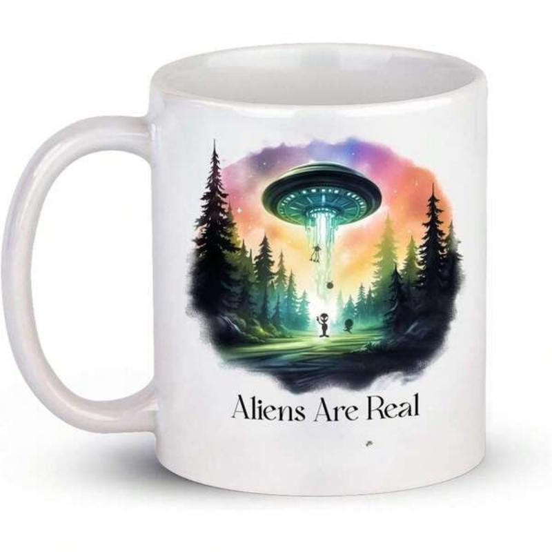 Tailorly White Ceramic 11 oz Mug - Aliens Are Real Mysterious Glowing Saucer Hovering Over Pine Forest Silhouette In Twilight Spaceship