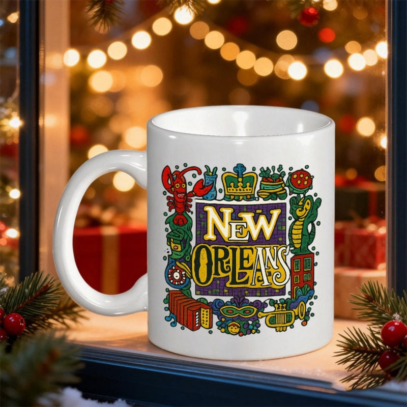 Tailorly White Ceramic 11 oz Mug - New Orleans Colorful Cultural Symbols Featuring Crawfish Masks And Jazz Music Pattern