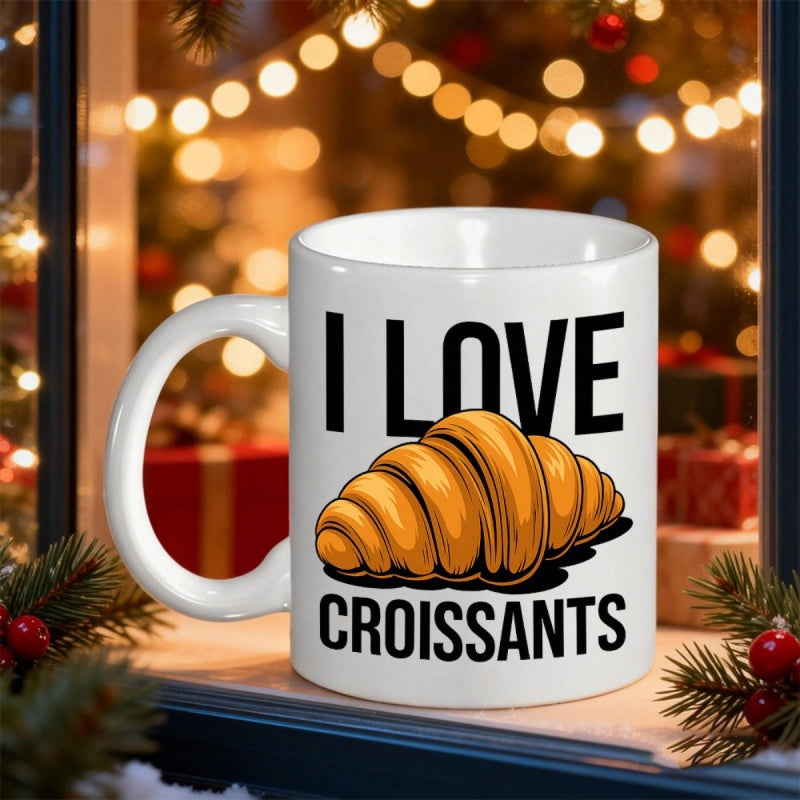Tailorly White Ceramic 11 oz Mug - I Love Croissants Golden Buttery Flaky Pastry Design Under Warm Festive Glowing Lights Croissant