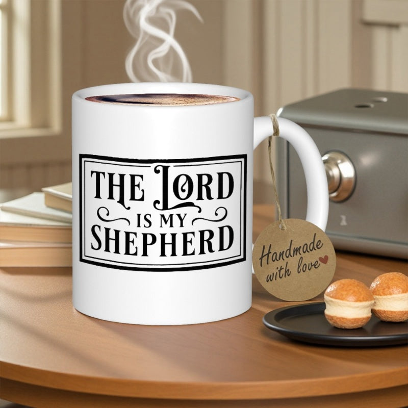 Tailorly White Ceramic 11 oz Mug - The Lord Is My Shepherd Elegant Black Decorative Typography Inside A Minimalist Linear Rectangular Border Frame Script