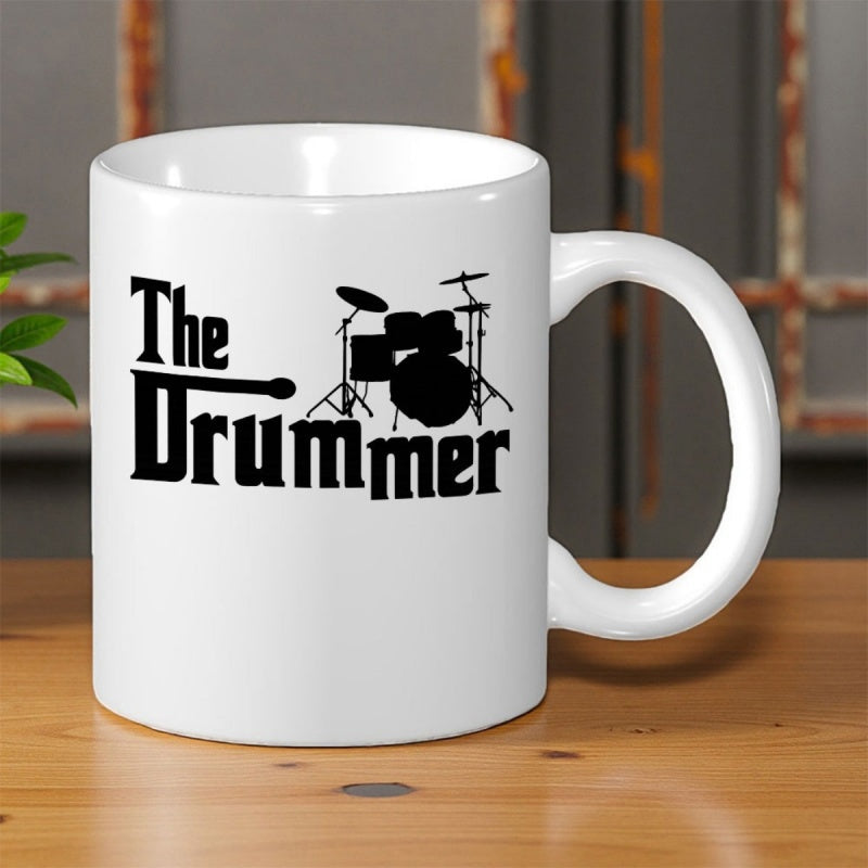 Tailorly White Ceramic 11 oz Mug - The Drummer Sleek Black Silhouette Of Professional Musical Percussion Instrument Set With Cymbals Drum Kit