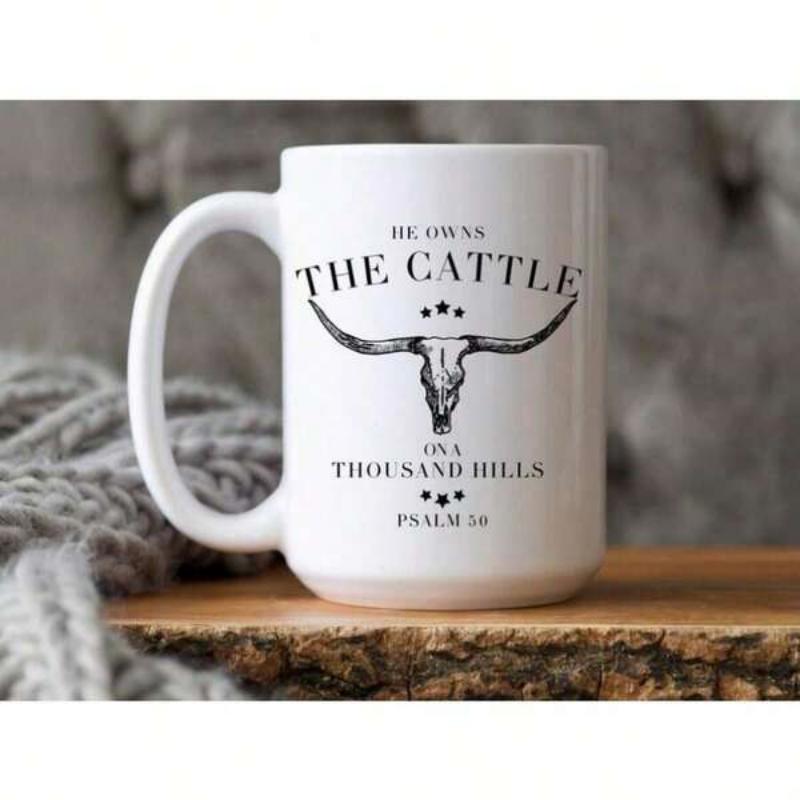 Tailorly White Ceramic 11 oz Mug - He Owns The Cattle On A Thousand Hills Psalm 50 10 Rustic Vintage Style Longhorn Horns Accented By Five Pointed Small Stars