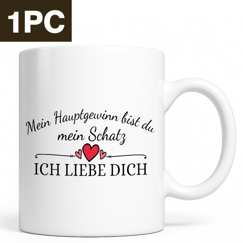 Tailorly White Ceramic 11 oz Mug - Simple Romantic Red Hearts Arranged Between Graceful Decorative Black Script Lines Heart