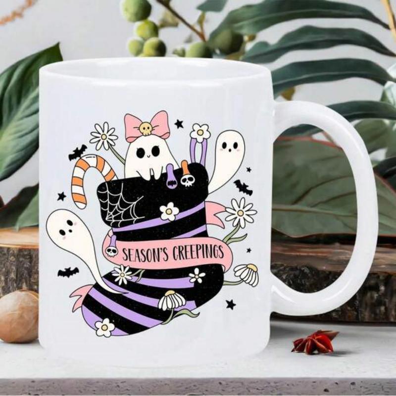Tailorly White Ceramic 11 oz Mug - Seasons Creepings Cute Ghosts And Flowers Inside A Purple Striped Holiday Stocking