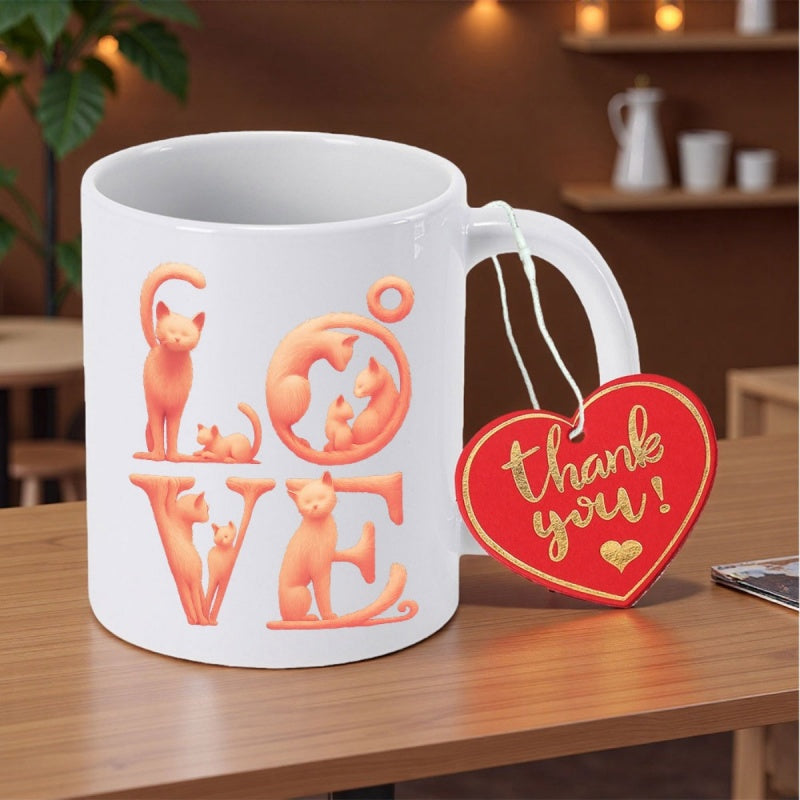 Tailorly White Ceramic 11 oz Mug - Love Thank You Stylized Artistic Letters Forming Word Love With Gentle Peachy Playful Felines Cat