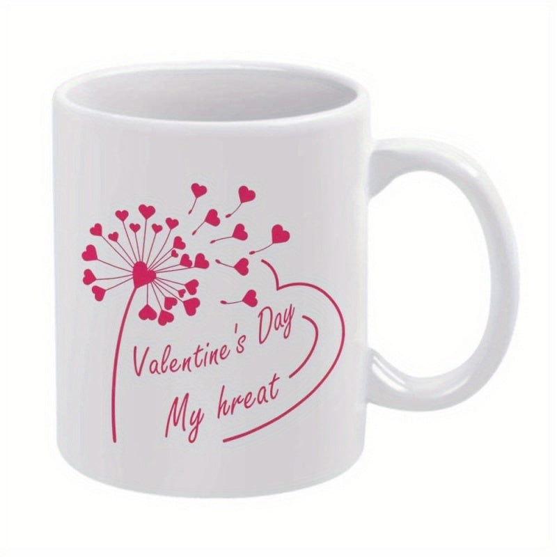 Tailorly White Ceramic 11 oz Mug - Valentine's Day My Hreat Blowing Red Dandelion With Heart Shaped Seeds Floating In Air Dandelion