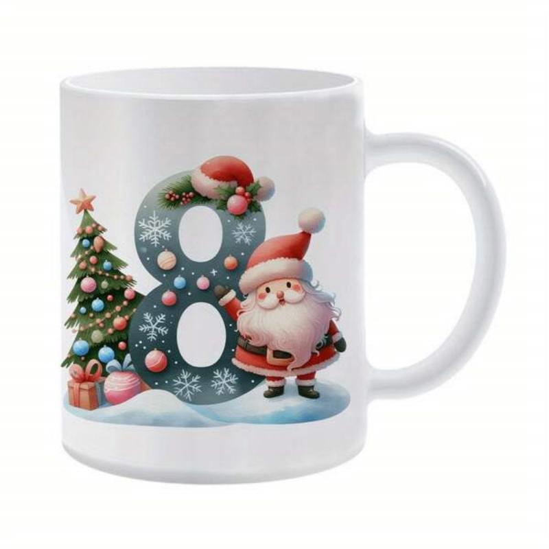 Tailorly White Ceramic 11 oz Mug - Festive Christmas Tree And Waving Cartoon Santa Beside Number Eight Santa