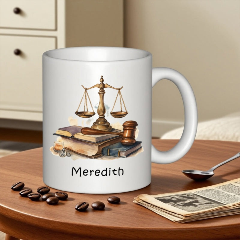 Tailorly White Ceramic 11 oz Mug - Meredith Elegant Golden Scales Of Justice Resting On Stacked Vintage Legal Books Scale