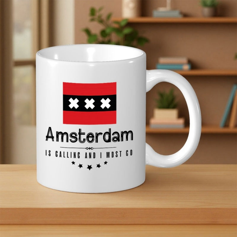 Tailorly White Ceramic 11 oz Mug - Amsterdam Is Calling And I Must Go Featuring Red Black Horizontal Stripes With Three White Saint Andrew Crosses Mug