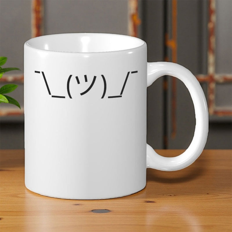 Tailorly White Ceramic 11 oz Mug - Minimalist Black Lines Forming A Shrugging Expression On A Ceramic Mug
