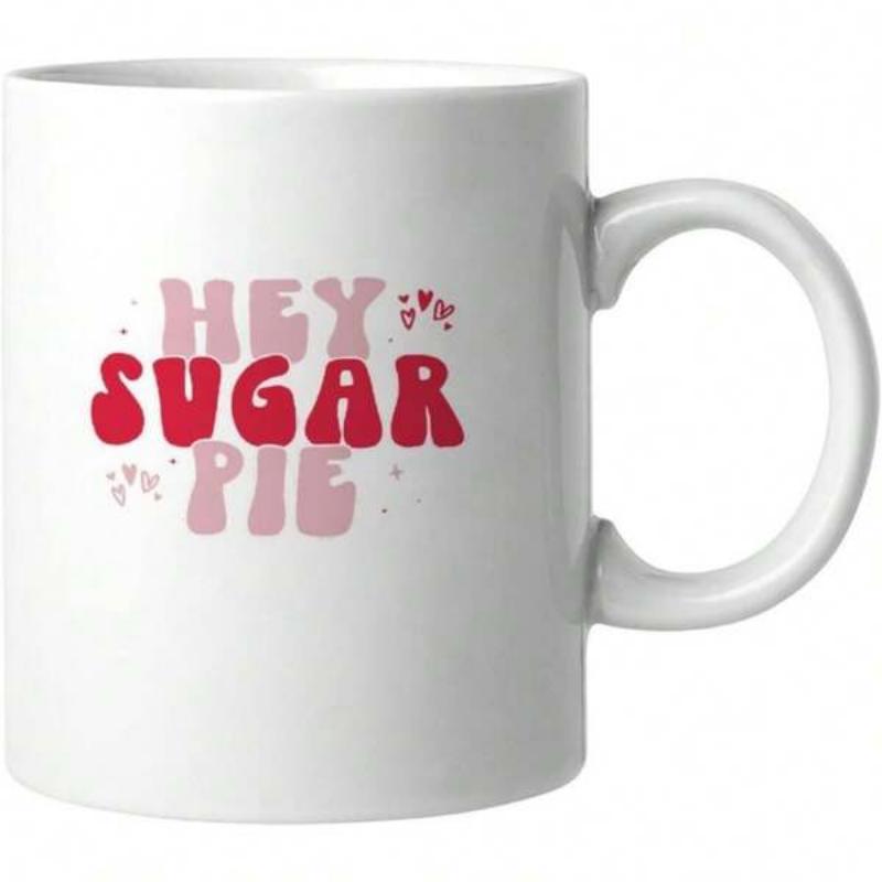 Tailorly White Ceramic 11 oz Mug - Hey Sugar Pie Retro Bubbly Pink And Red Lettering With Tiny Decorative Hearts And Stars Mug