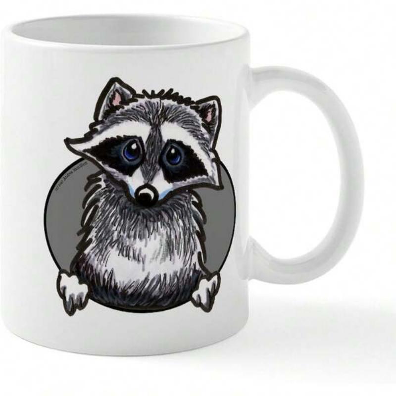 Tailorly White Ceramic 11 oz Mug - Peeking Out From A Grey Circular Background With Soft Fur Raccoon
