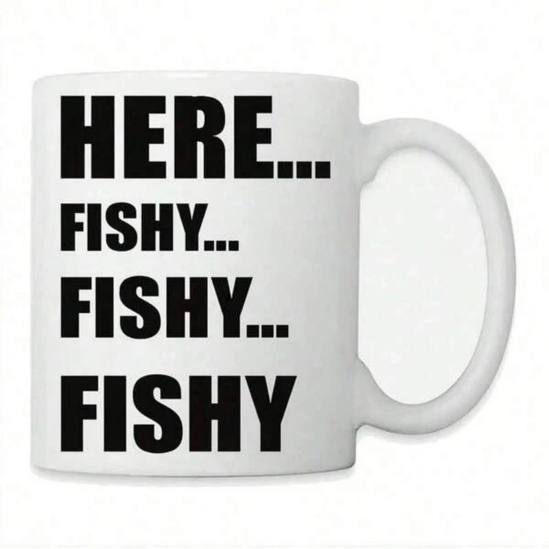 Tailorly White Ceramic 11 oz Mug - Here Fishy Fishy Fishy Bold Minimalist Black Typography On Clean White Surface Fishing Mug