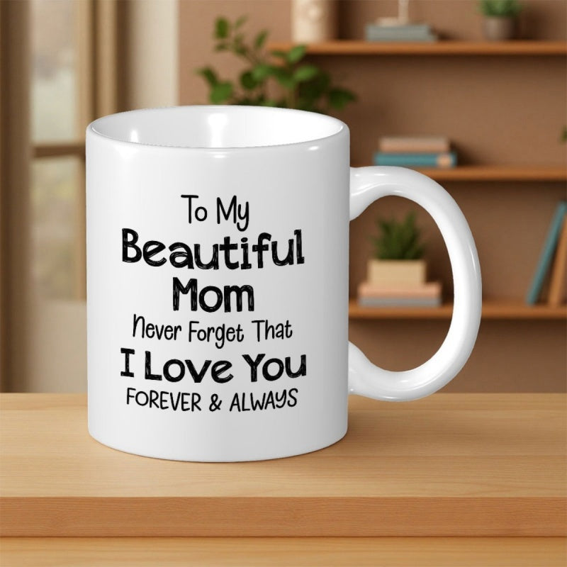 Tailorly White Ceramic 11 oz Mug - To My Beautiful Mom Never Forget That I Love You Forever Always Minimalist Elegant With Bold Black Typography Script Lettering