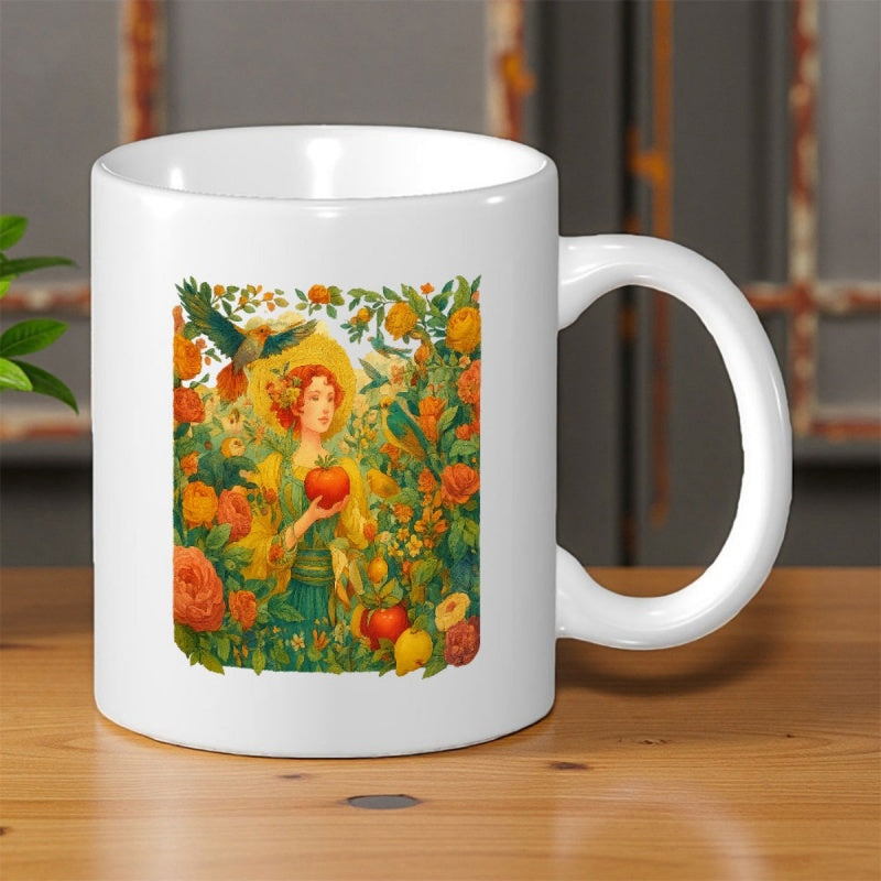 Tailorly White Ceramic 11 oz Mug - Art Nouveau Style Surrounded By Birds And Lush Fruit Garden Woman