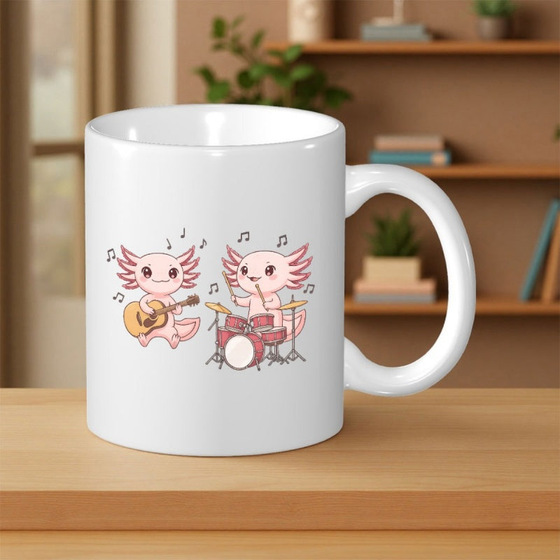 Tailorly White Ceramic 11 oz Mug - Two Pink Cartoon Creatures Playing Guitar And Drums Among Musical Notes Axolotl