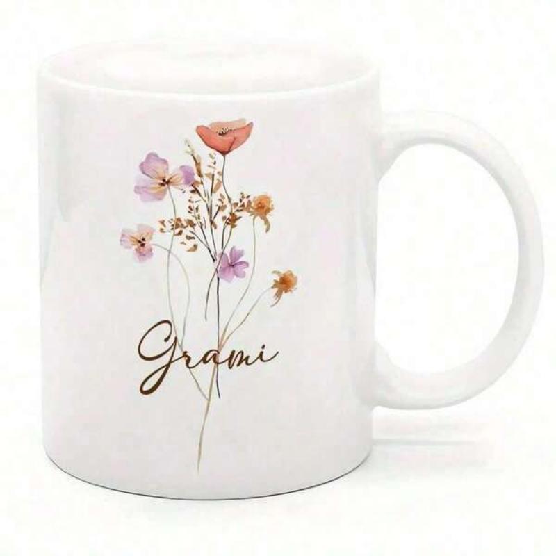 Tailorly White Ceramic 11 oz Mug - Grami Delicate Watercolor Wildflowers Blooming With Soft Pastel Petals And Slender Stems Flower