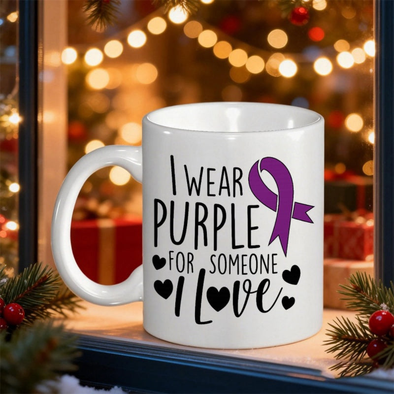 Tailorly White Ceramic 11 oz Mug - I Wear Purple For Someone I Love Awareness Ribbon Symbolic Design Surrounded By Tiny Black Hearts Meaningful Mug