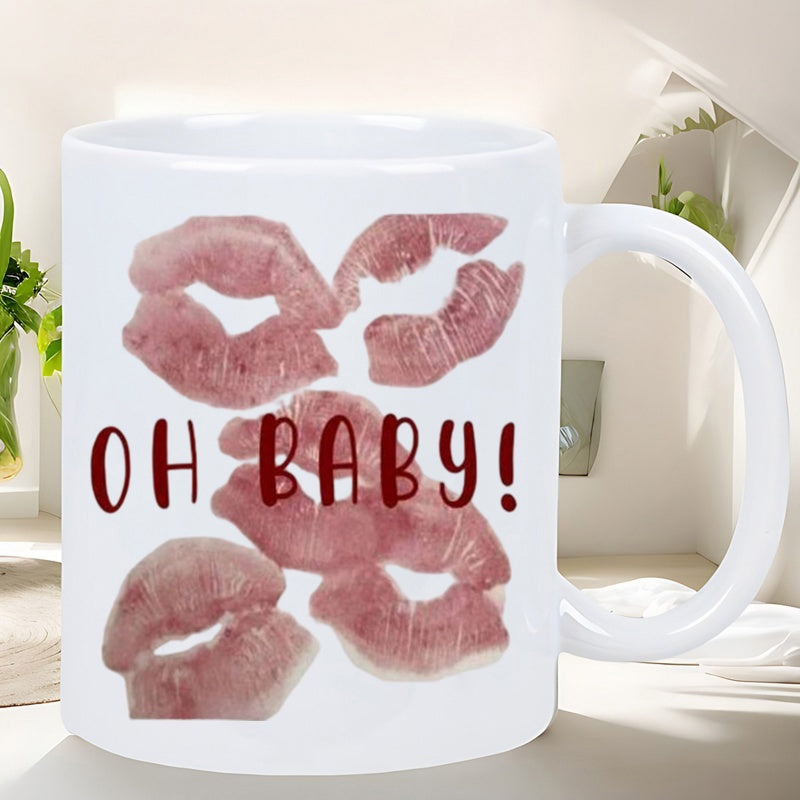 Tailorly White Ceramic 11 oz Mug - Oh Baby Romantic Red Lipstick Marks Scattered Around Playful Text Kiss