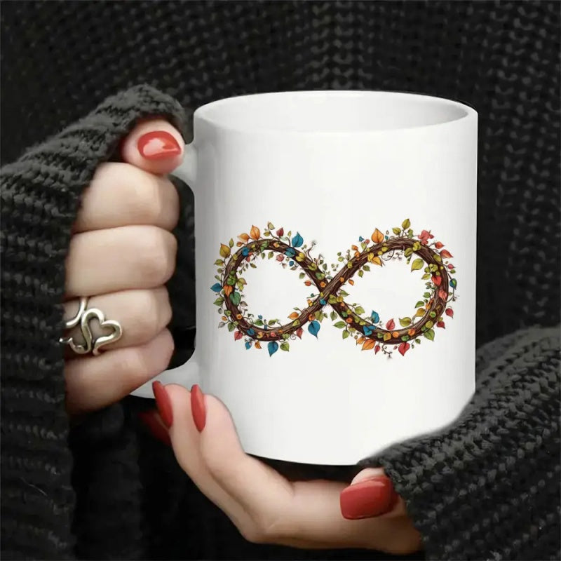 Tailorly White Ceramic 11 oz Mug - Intertwined Brown Vines With Colorful Autumn Leaves Forming A Majestic Infinity Symbol
