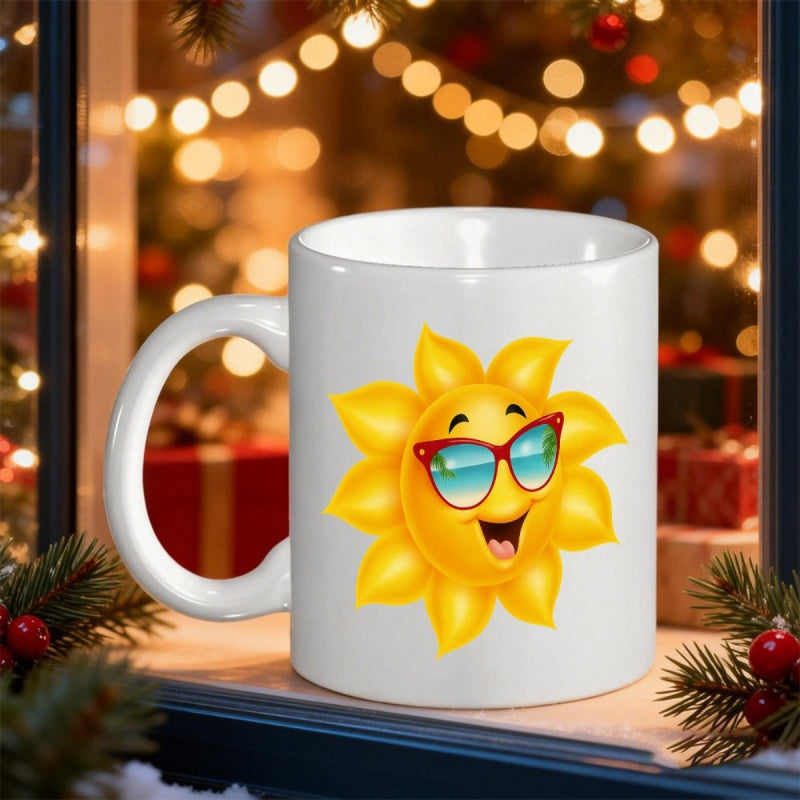 Tailorly White Ceramic 11 oz Mug - Cheerful Smiling Yellow Cartoon Sun Wearing Sunglasses Reflecting A Tropical Beach Sun