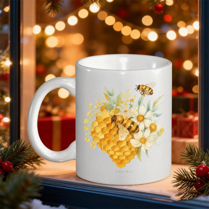 Tailorly White Ceramic 11 oz Mug - Watercolor Bees Gathering Nectar Around Golden Honeycomb And White Blossoming Flowers Bee