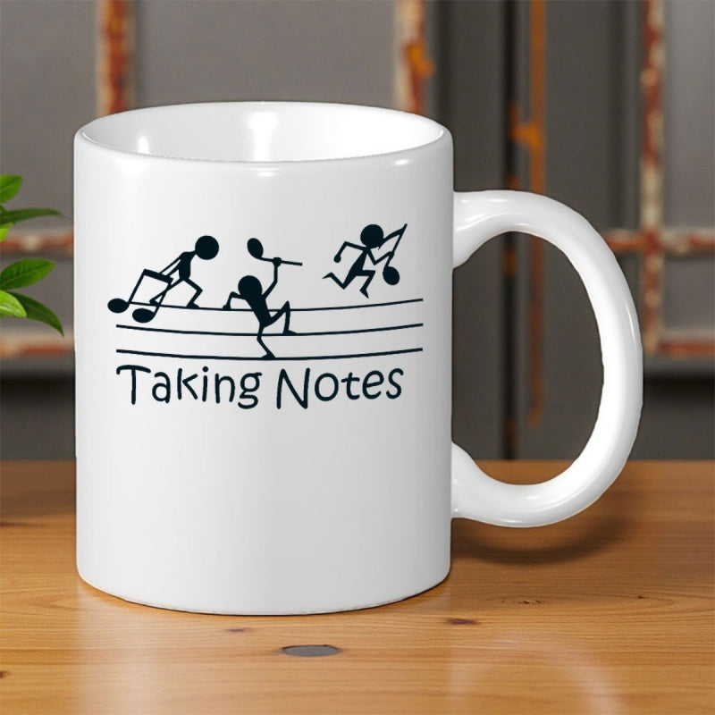 Tailorly White Ceramic 11 oz Mug - Taking Notes Minimalist Black Stick Figures Playfully Interacting With Musical Staff Lines Note