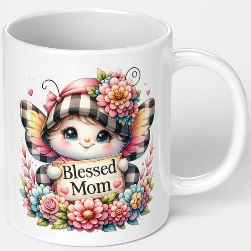 Tailorly White Ceramic 11 oz Mug - Blessed Mom Adorable Winged Figure Wearing Striped Hat Among Colorful Garden Blossoms Illustration