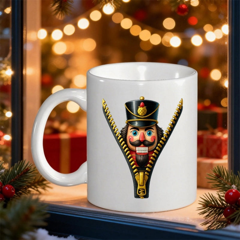 Tailorly White Ceramic 11 oz Mug - Traditional Nutcracker Soldier Peeking Through A Shiny Gold Open Zipper Nutcracker