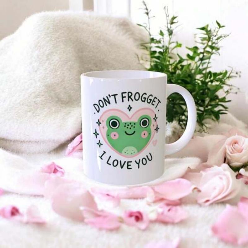 Tailorly White Ceramic 11 oz Mug - Dont Frogget I Love You Adorable Green Smiling Character Inside Pink Heart With Sparkling Stars Decoration Frog