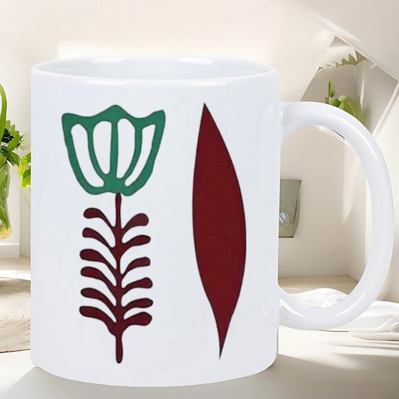 Tailorly White Ceramic 11 oz Mug - Simple Minimalist Abstract Design Featuring Green Cup Shaped Bloom And Petal Flower