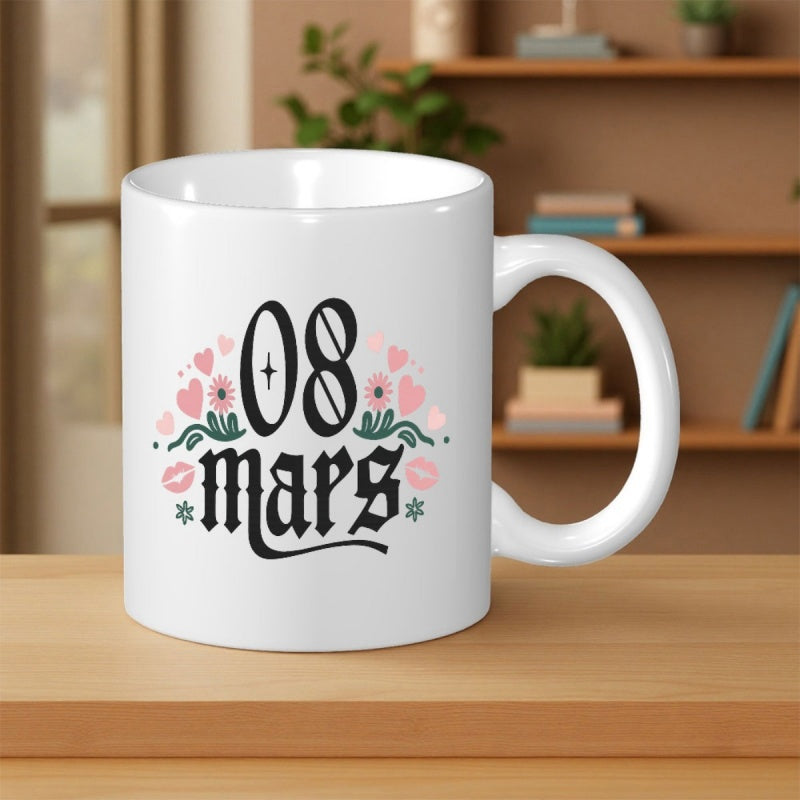 Tailorly White Ceramic 11 oz Mug - Gothic Calligraphy Among Pink Hearts Flowers And Soft Kiss Marks Pattern