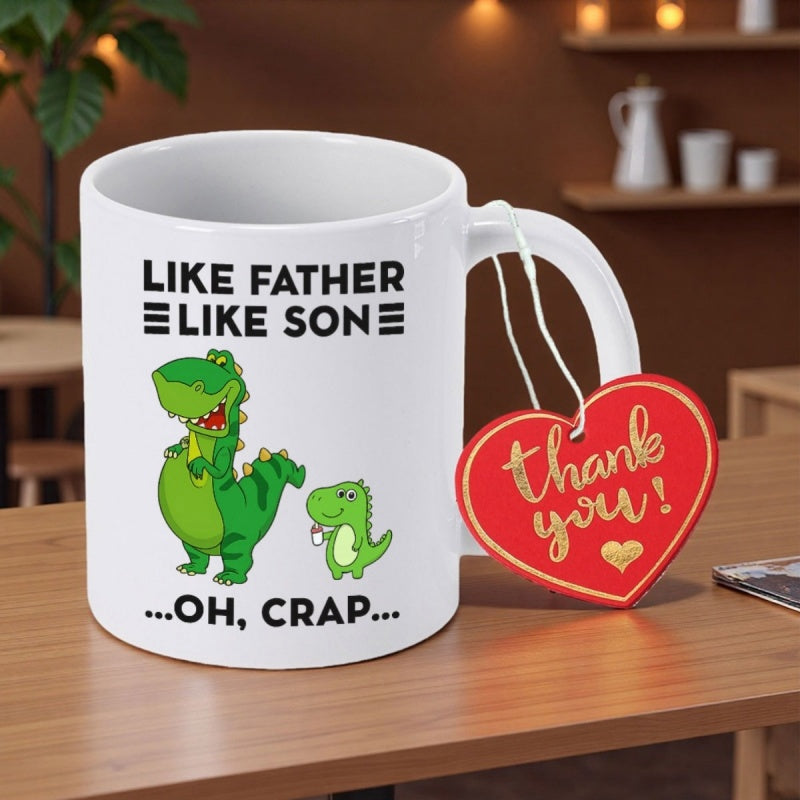 Tailorly White Ceramic 11 oz Mug - Like Father Like Son Oh Crap Two Friendly Green Dinosaurs Standing Together On A White Background Dinosaur