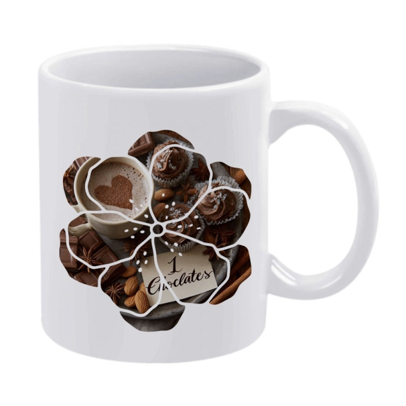 Tailorly White Ceramic 11 oz Mug - Chocolate Artistic Flower Frame Featuring Heart Latte Art And Dark Cocoa Sweet Mug
