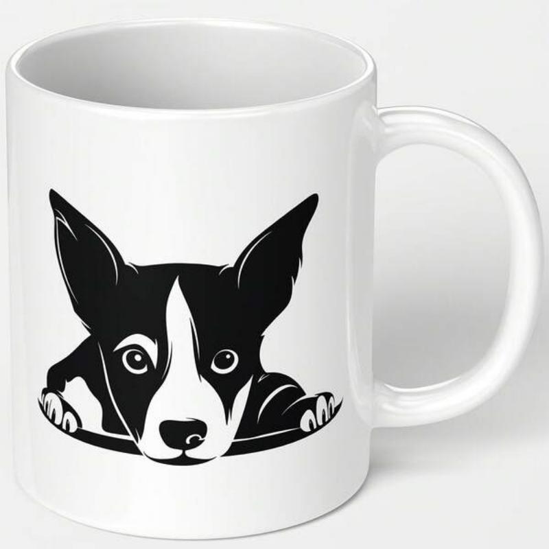 Tailorly White Ceramic 11 oz Mug - Peeking Curious Black And White Sketch Of A Loyal Small Breed Dog