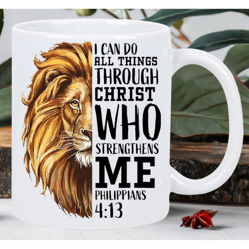 Tailorly White Ceramic 11 oz Mug - I Can Do All Things Through Christ Who Strengthens Me Philippians 4 13 Majestic Lion Face With Detailed Golden Mane And Focused