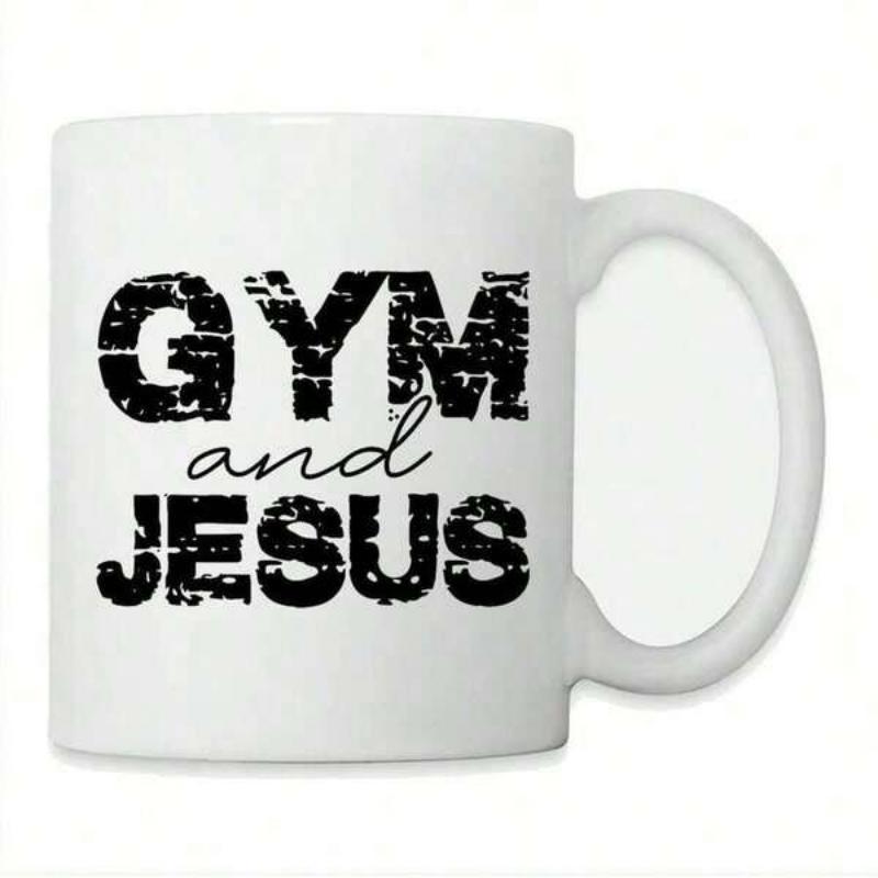 Tailorly White Ceramic 11 oz Mug - Gym And Jesus Bold Distressed Typography With Elegant Script Font Text