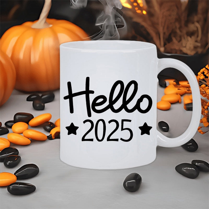 Tailorly White Ceramic 11 oz Mug - Hello 2025 Minimalist Decorative Stars With Elegant Bold Handwritten Typography Design Mug