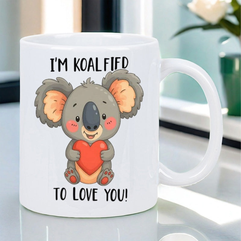 Tailorly White Ceramic 11 oz Mug - Im Koalified To Love You Adorable Gray Cartoon Animal Holding A Vibrant Red Heart Koala