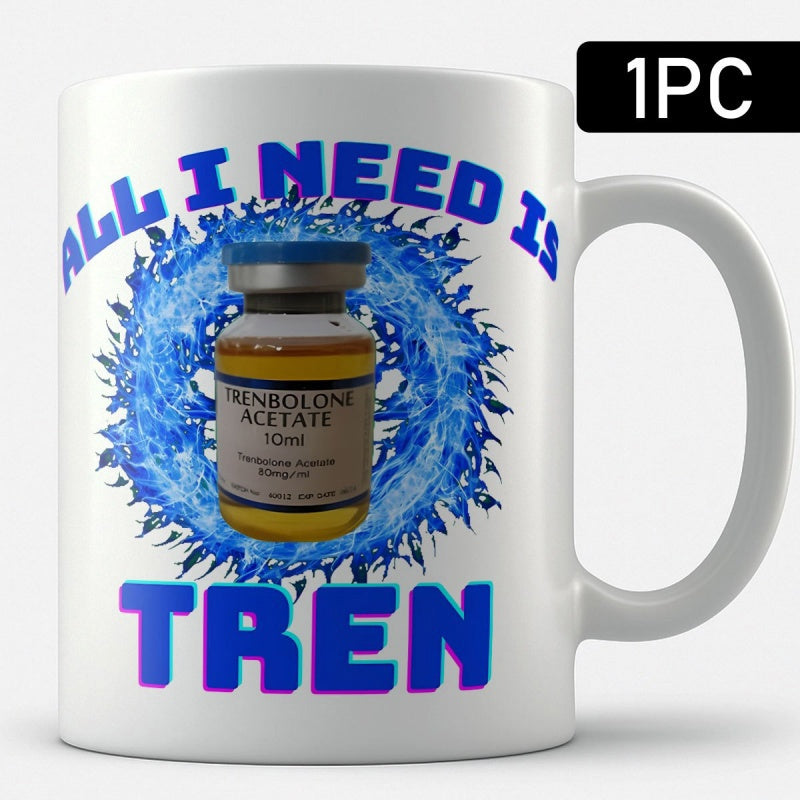 Tailorly White Ceramic 11 oz Mug - All I Need Is Tren Medicinal Fluid Container Floating Inside Vibrant Circular Blue Energy Flame Glow Vial