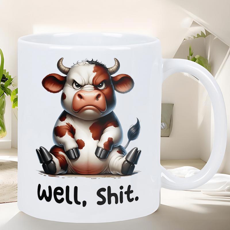 Tailorly White Ceramic 11 oz Mug - Well Shit Angry Brown And White Spotted Cartoon Sitting Grumpy Cow